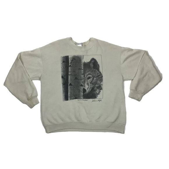 Vintage Lee Adult Sz L Glenn Hoyle Wolf Art Print Sweatshirt Cream Cotton - Picture 1 of 8